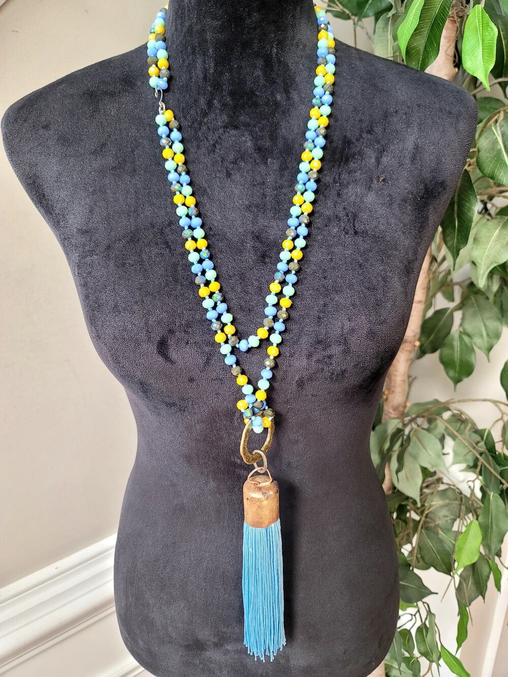 Multicolor Beaded Long Necklace Blue Tassel Pendant Boho Statement Jewelry